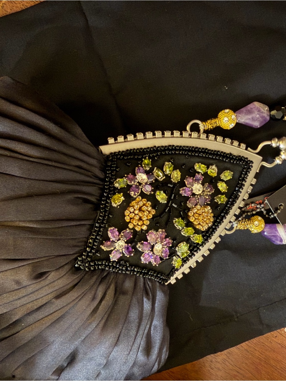 Yilin Embellished Black Evening Clutch with Purple & Lime Gem Accents